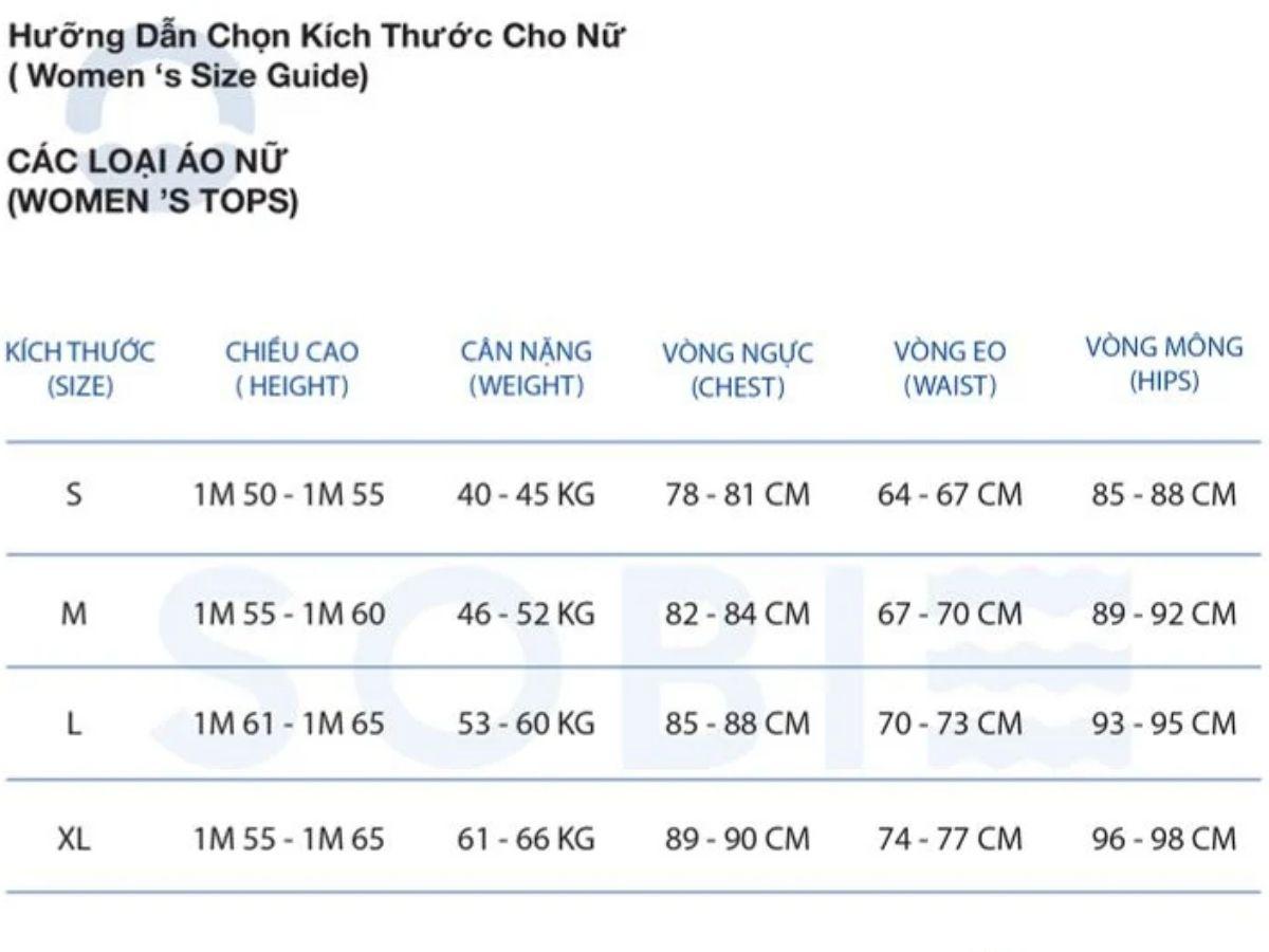 Bảng size áo bơi dài tay nữ (Nguồn: SOBIE)