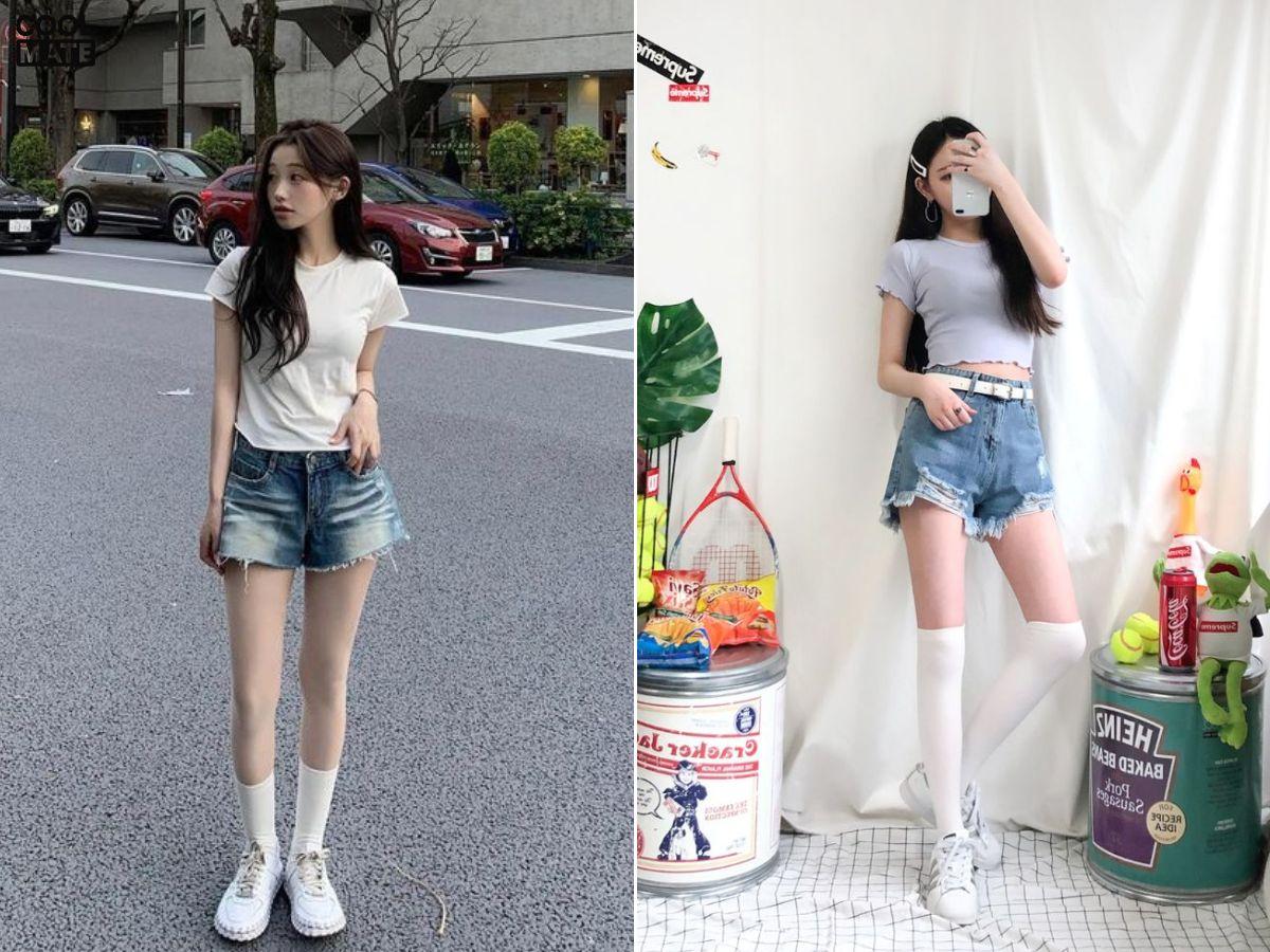 Phối quần short jean rách với áo thun 