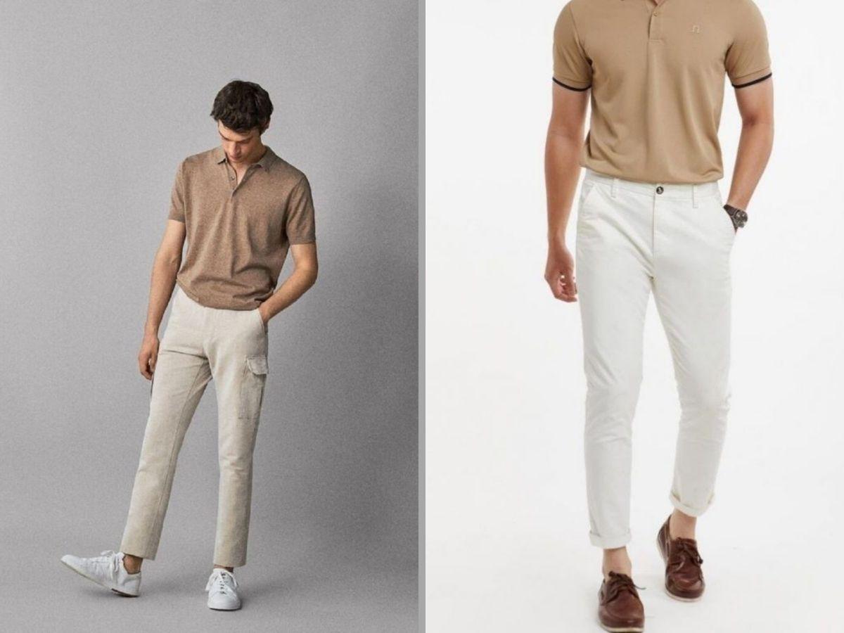 Phối đồ quần âu với áo polo màu be