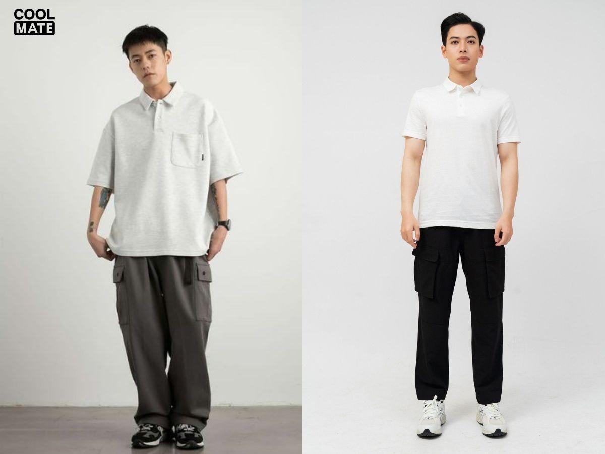 Áo polo tay lỡ có cổ với quần skinny jeans rách bụi bặm 
