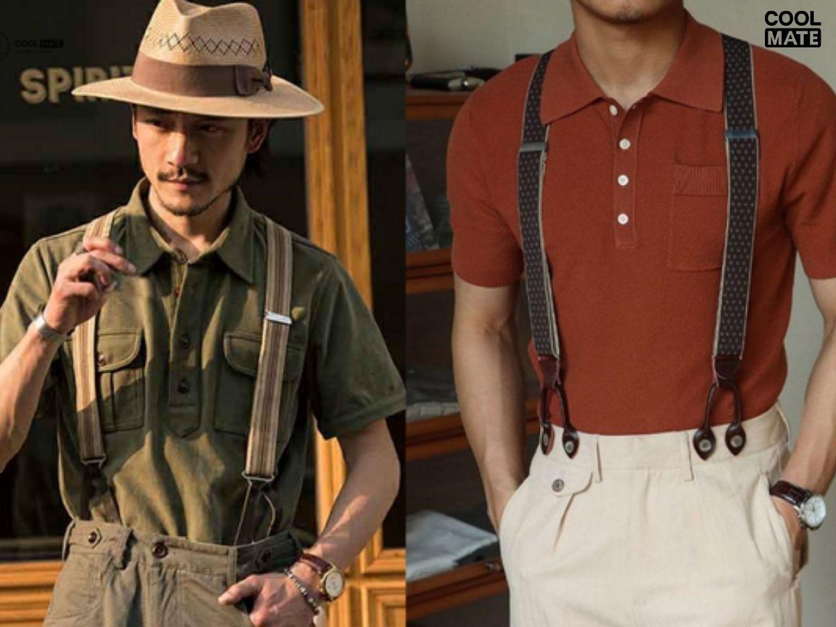 Mix áo polo nam tay lỡ cùng suspender bảnh bao