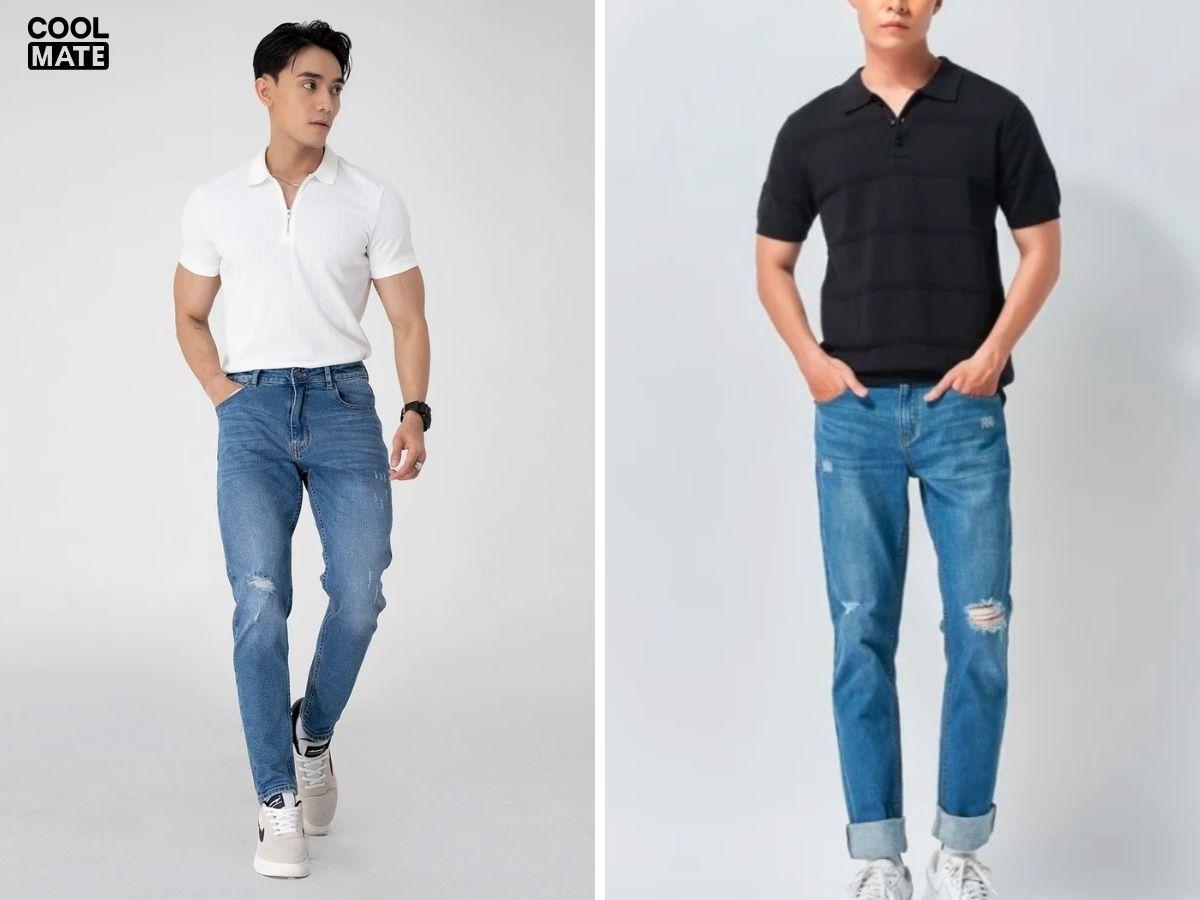 Áo polo tay lỡ có cổ với quần skinny jeans rách bụi bặm 
