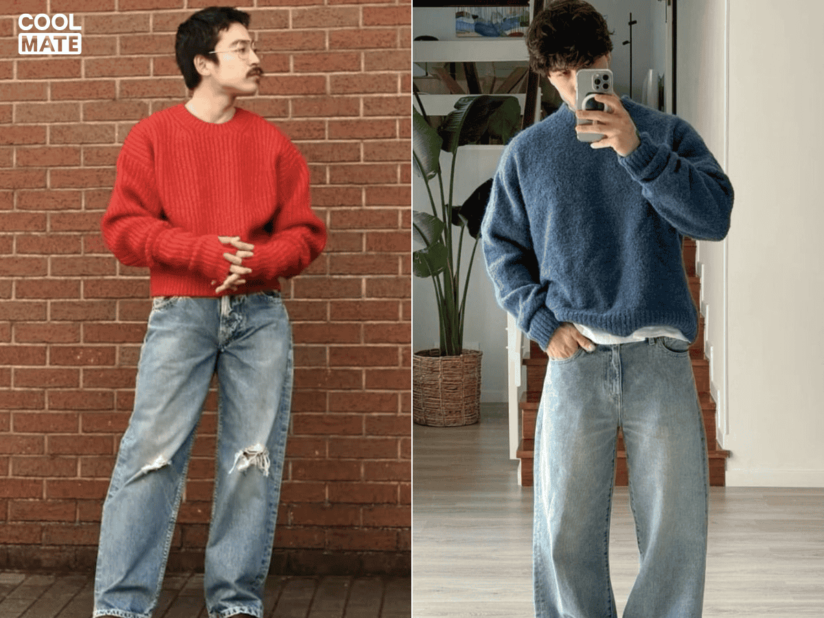 Mix sweater nam với quần jeans rách