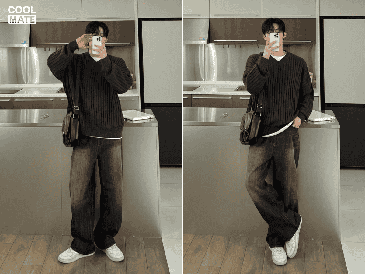 Kết hợp áo sweater rộng với áo len tay dài