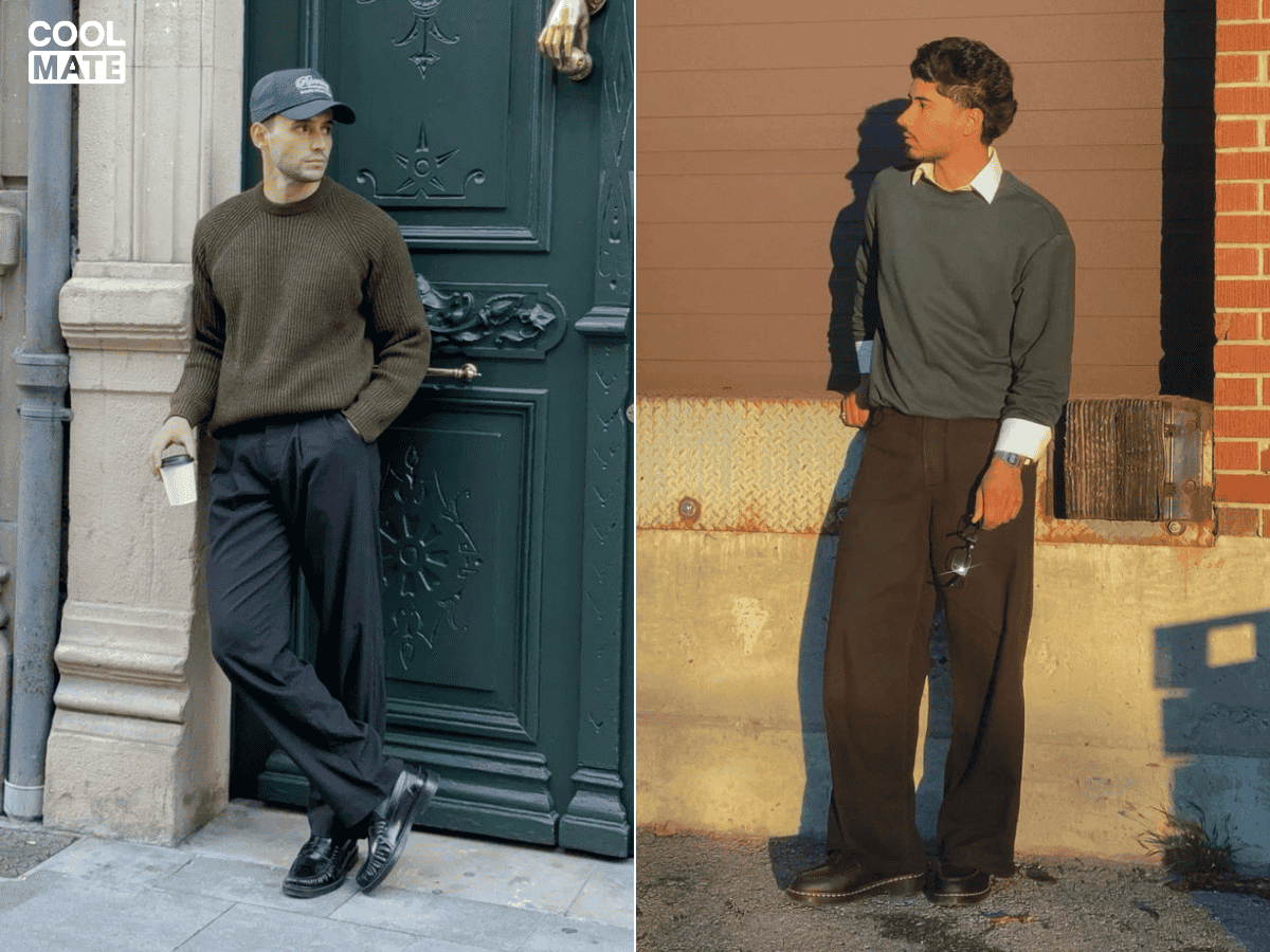 3. Áo sweater nam với quần jeans tối màu và giày Oxford nâu