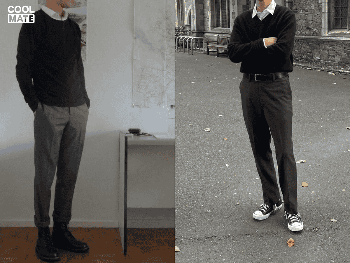 5. Áo sweater nam kết hợp cùng sơ mi, quần kaki và giày cao cổ