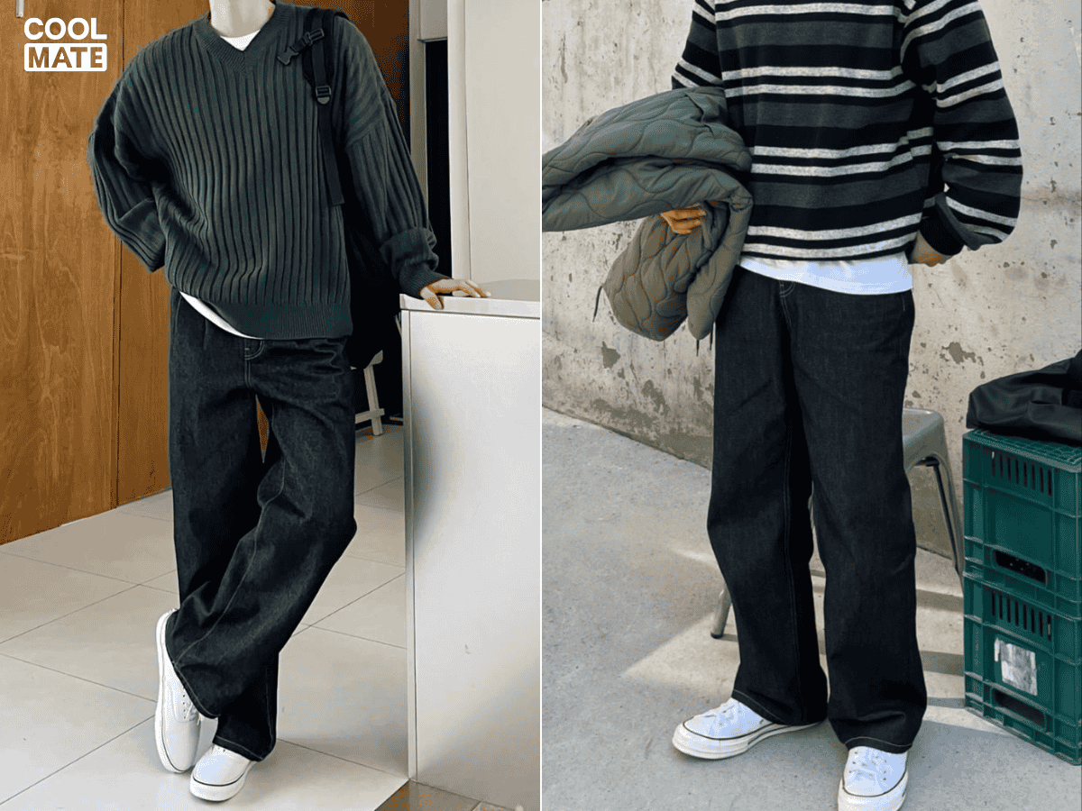 4. Áo sweater nam phối với quần jeans đen và giày trắng