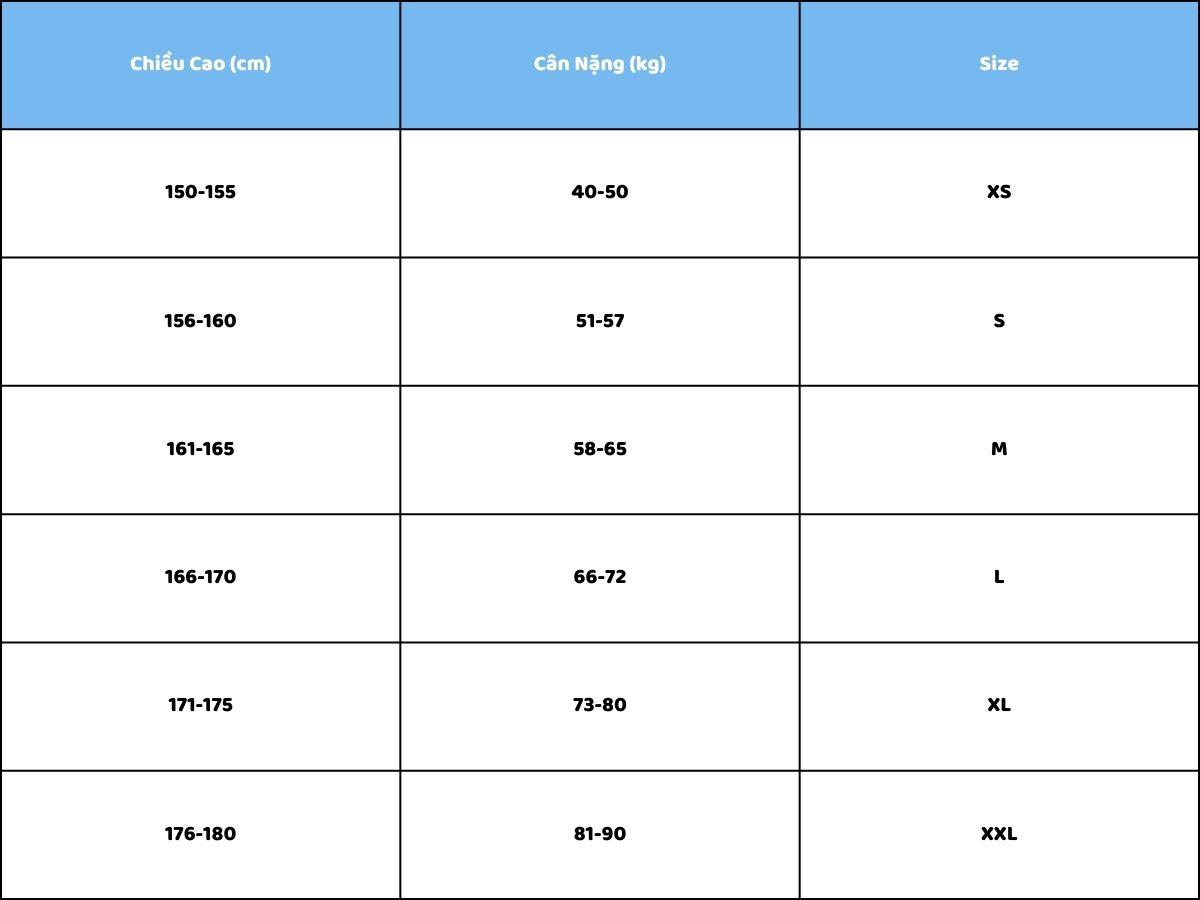 Bảng size quần legging nữ theo cân nặng và chiều cao