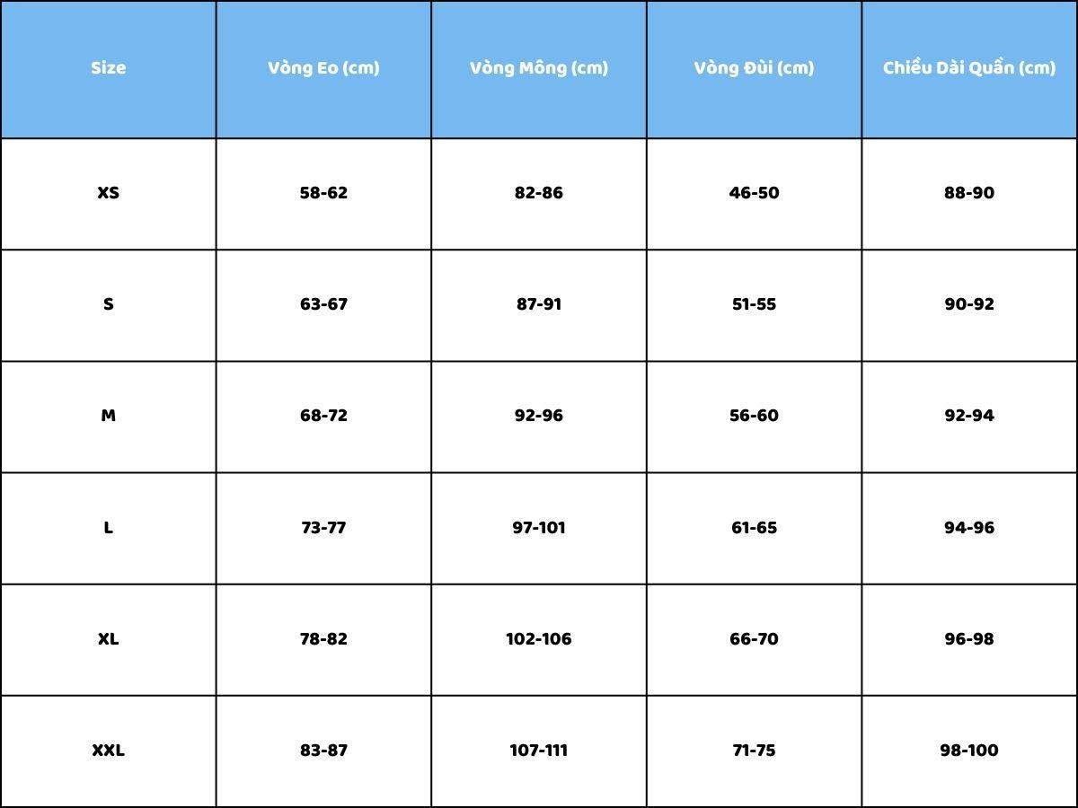 Bảng size quần legging nữ theo số đo (cm)