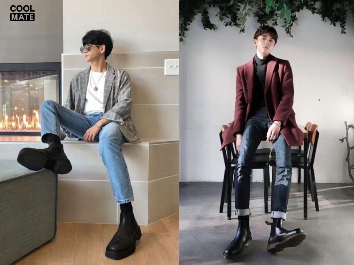 Quần skinny jean phối với giày boot nam tạo nên outfit thời trang cá tính