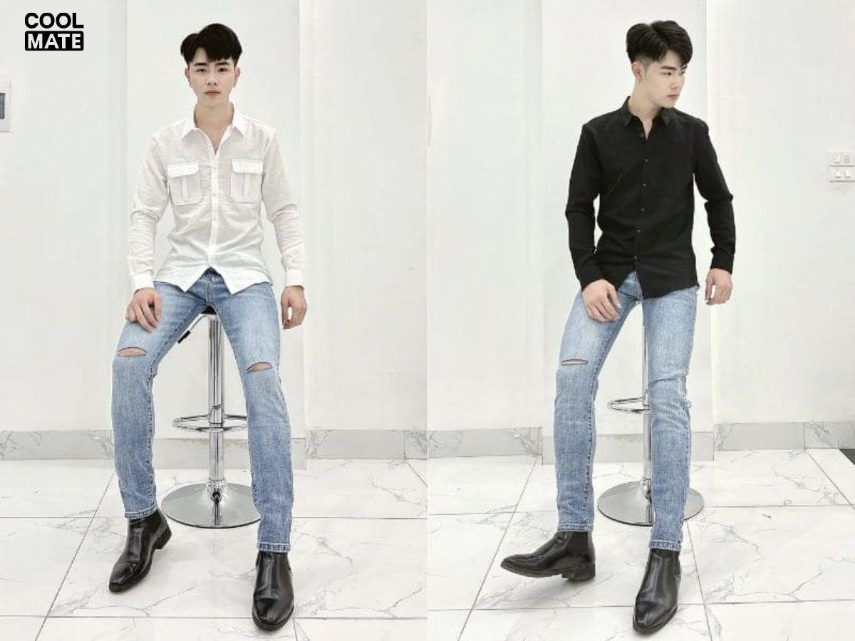 Cách phối quần jean với giày boot nam cùng áo sơ mi 