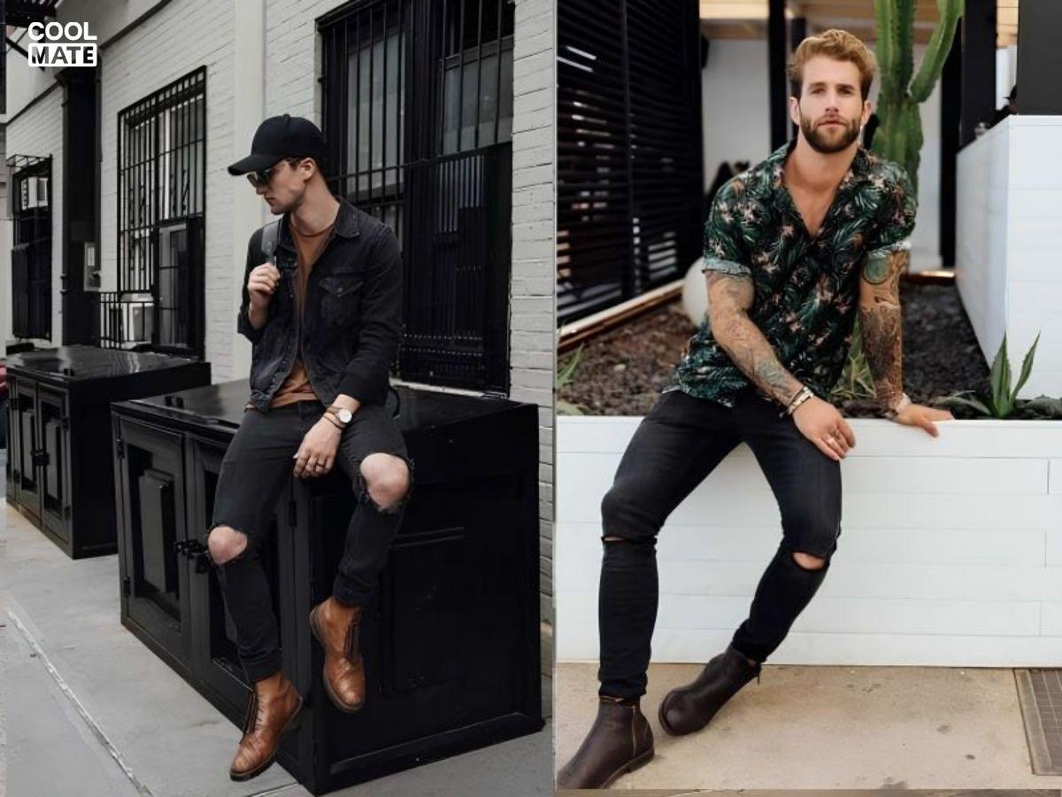 Kết hợp giữa chiếc quần jean rách gối và một đôi giày boot bụi bặm sẽ tạo ra một phong cách vừa cool ngầu