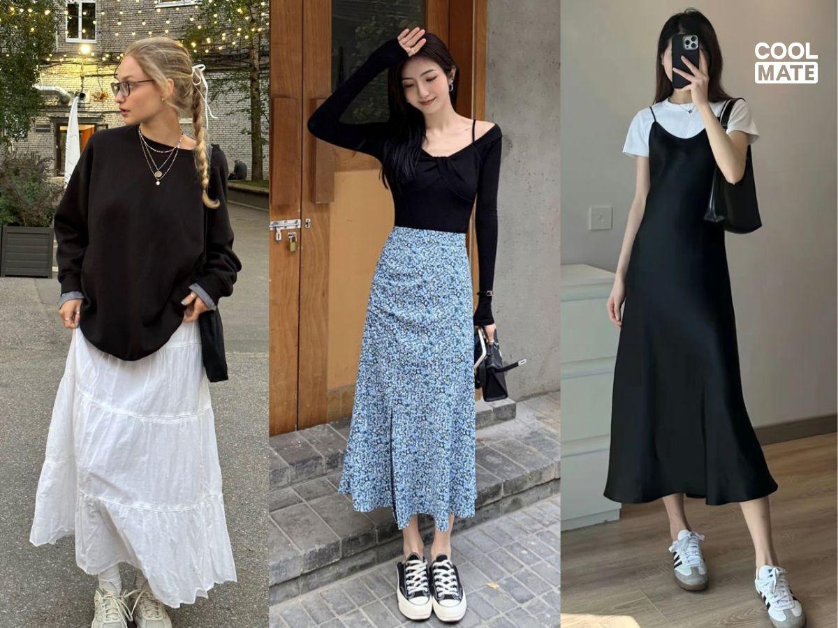 Phối quần áo với giày thể thao theo phong cách nữ tính