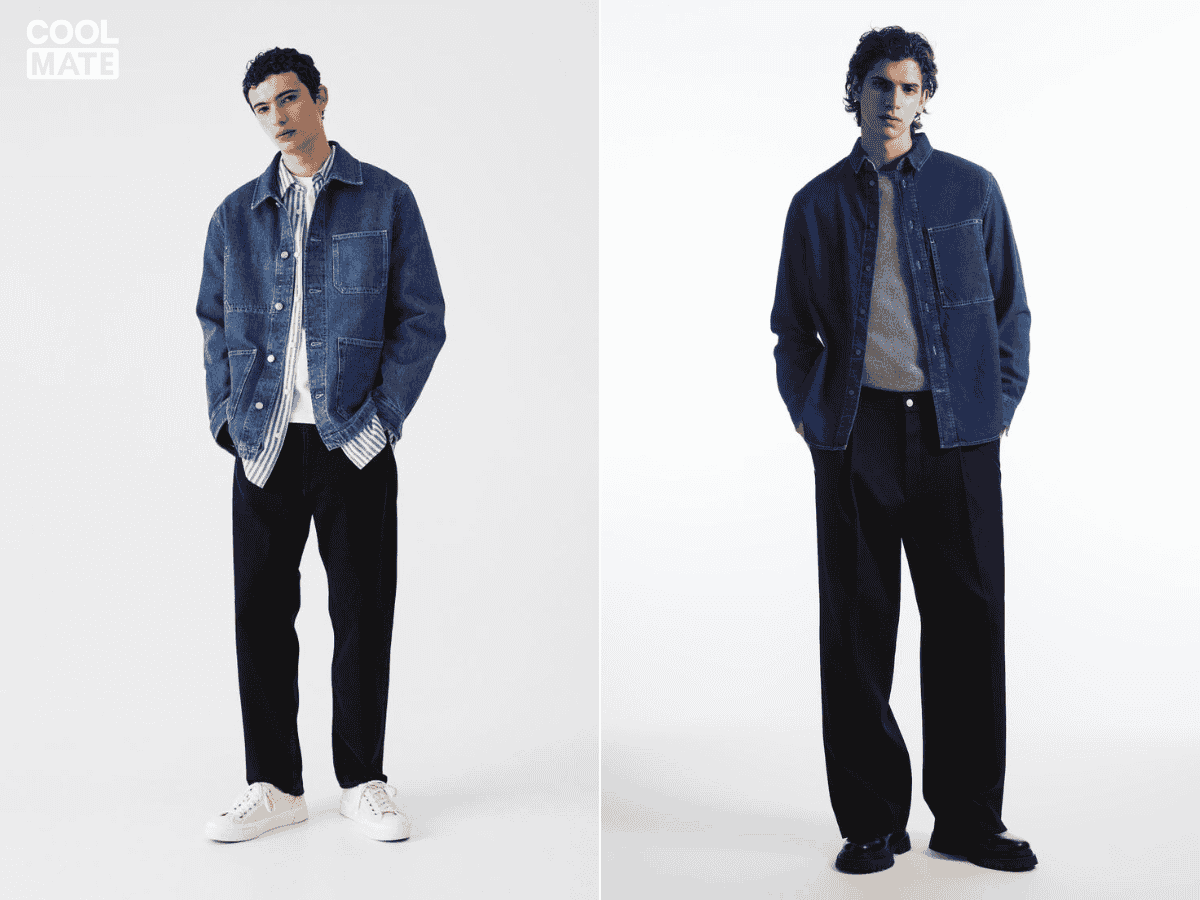 Áo khoác denim kết hợp với quần kaki là cách phối đồ đơn giản nhưng không bao giờ lỗi mốt