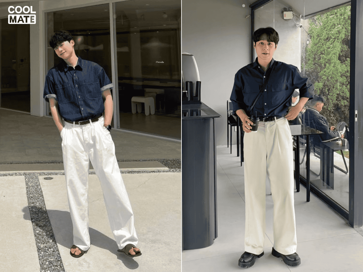 Phối quần kaki nam với áo sơ mi denim 