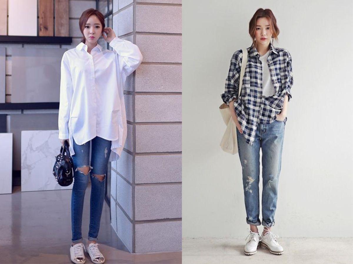 Áo sơ mi oversized kết hợp cùng quần jean rách bộ đôi hoàn hảo cho những chuyến đi đầy khám phá