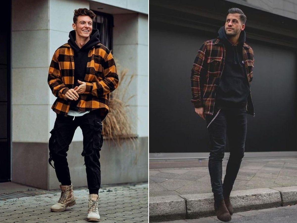 Phối áo flannel và áo hoodie