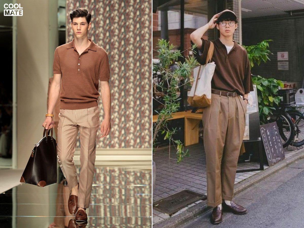 Phối áo polo màu nâu nam và quần chinos màu đen
