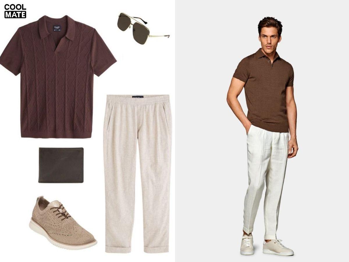 Phối áo polo màu nâu và quần linen