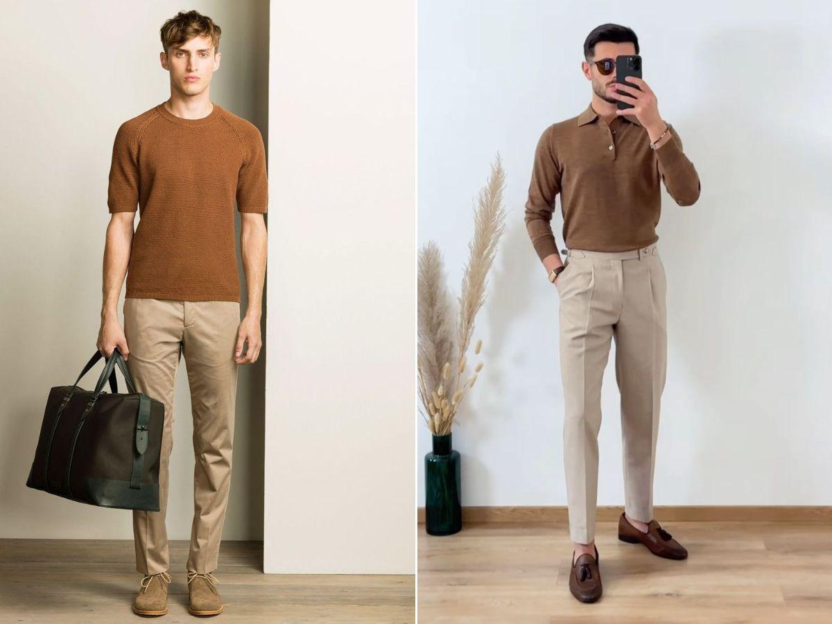 Phối áo polo màu nâu nam và quần kaki