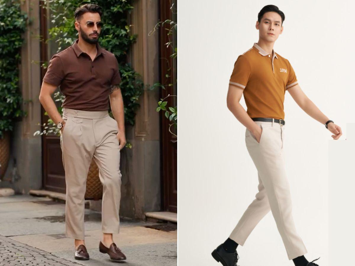 Phối áo polo màu nâu và quần chinos màu be
