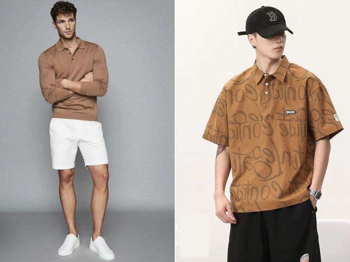 Phối áo polo màu nâu nam và quần short 