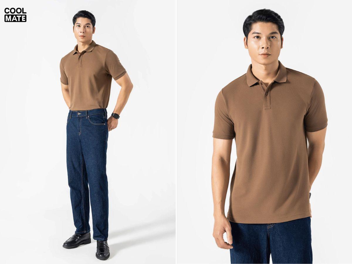 Phối áo polo nâu và quần jeans