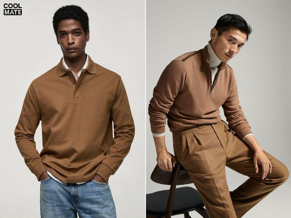 Phối áo polo nâu và áo len trắng
