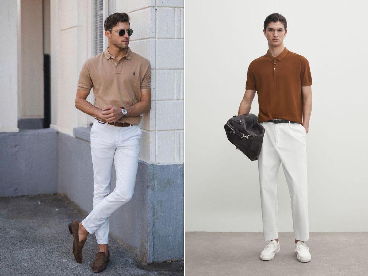 Phối áo polo màu nâu và quần jeans trắng