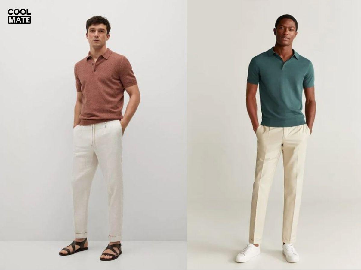 Kết hợp áo thun nam cổ trụ với quần Chinos sẽ tạo nên vẻ đẹp lịch lãm và trẻ trung