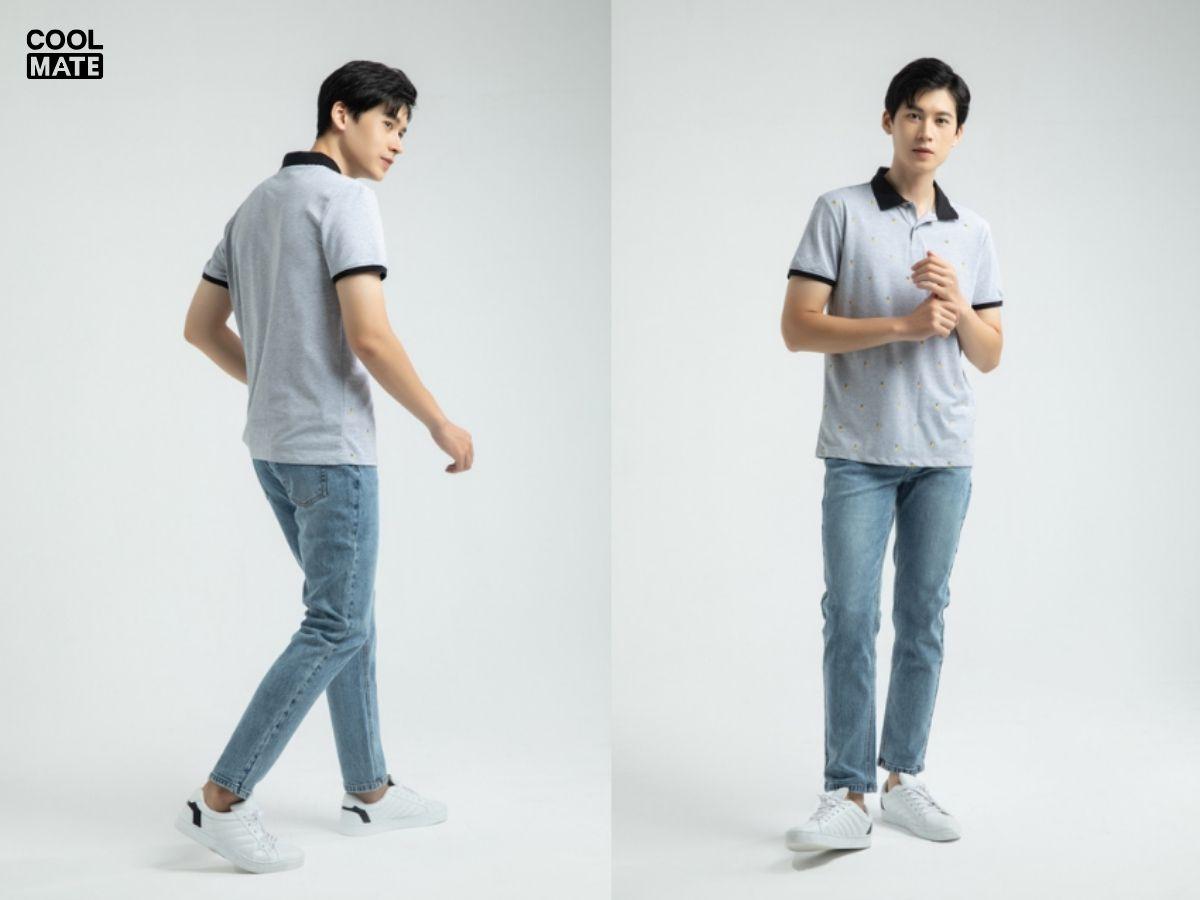 Mix áo thun cổ trụ nam cùng quần jeans slim-fit