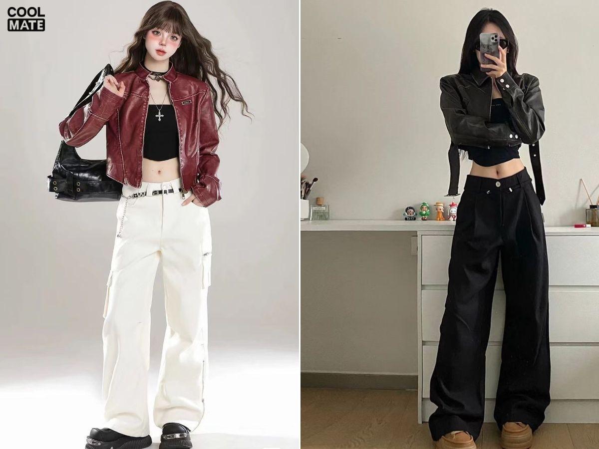 Phối đồ với quần jogger túi hộp, áo bra thể thao và áo khoác da