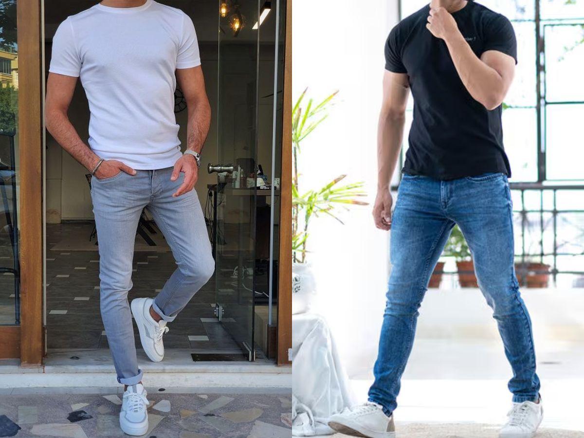 Quần jeans là lựa chọn phổ biến với áo slim fit