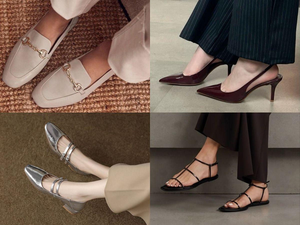 Ưu tiên giày cao gót, loafer, búp bê, hoặc sandal với thiết kế đơn giản, tinh tế