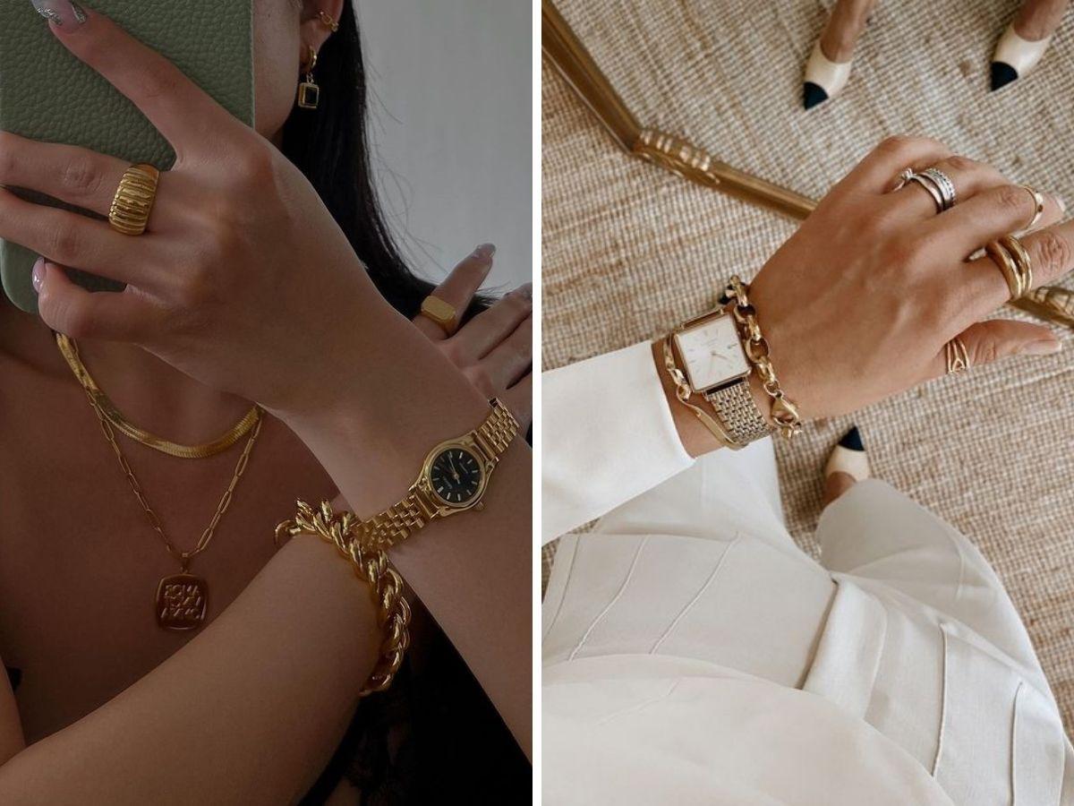 Đồng hồ dây da hoặc kim loại tối giản giúp hoàn thiện outfit thanh lịch