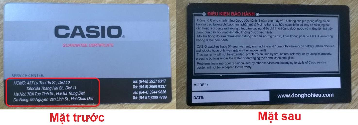 thẻ bảo hành của đồng hồ casio