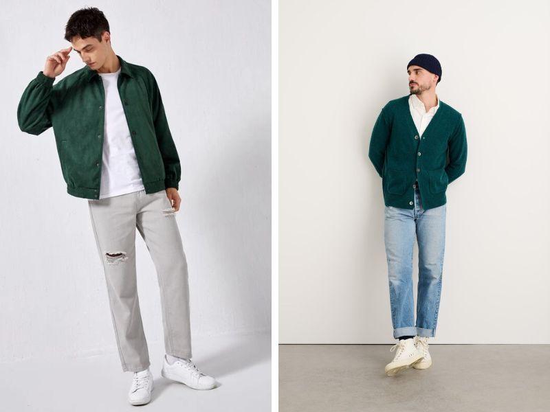 Outfit xanh cổ vịt và trắng