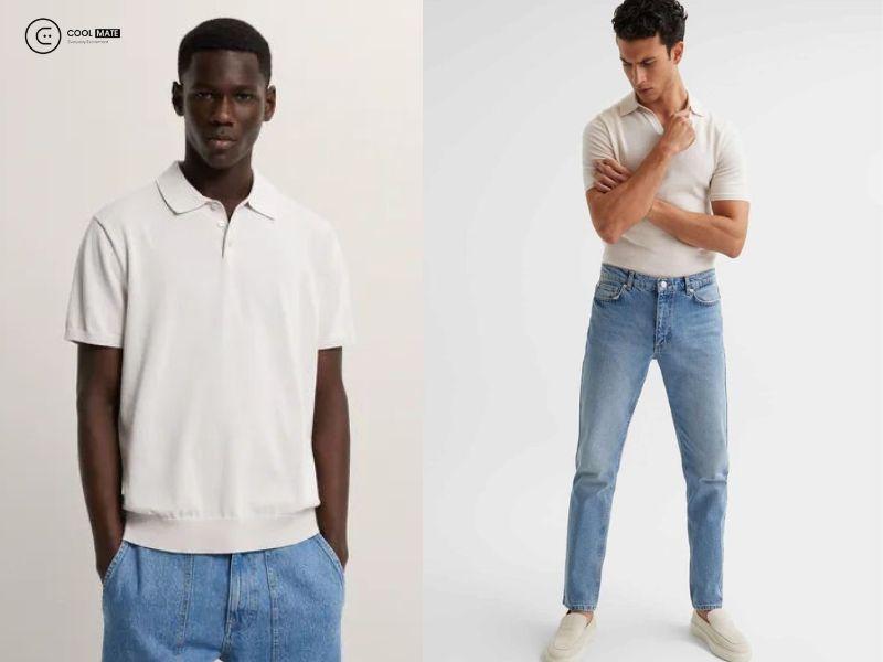Áo polo dệt kim phối cùng quần jeans