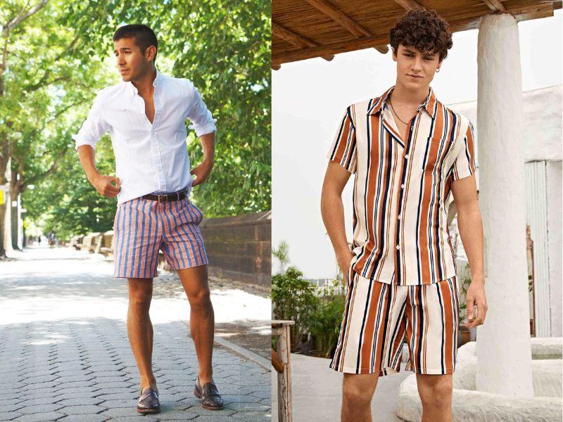 Outfit thanh lịch gồm quần short họa tiết và áo sơ mi