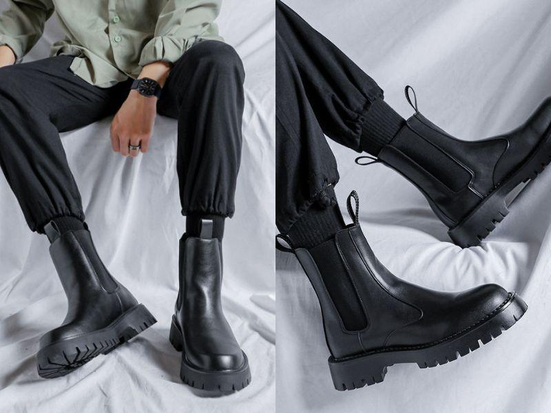 Phối quần Jogger và giày chunky boots nam tính