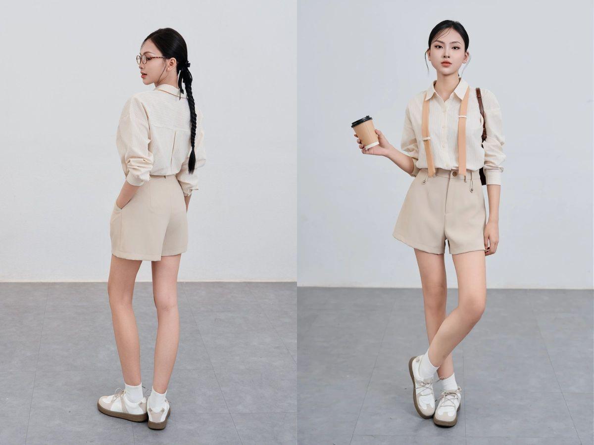 Với quần short lửng chữ A, áo sơ mi hoặc áo blouse cắm thùng là lựa chọn tuyệt vời cho những buổi gặp gỡ quan trọng