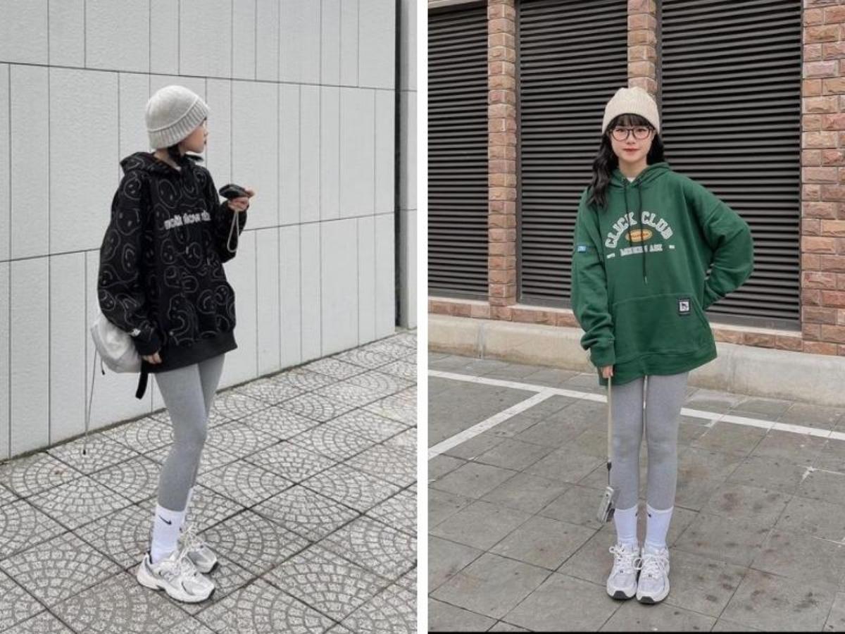 Áo hoodie hoặc sweatshirt mang lại vẻ hoàn hảo khi phối với quần legging