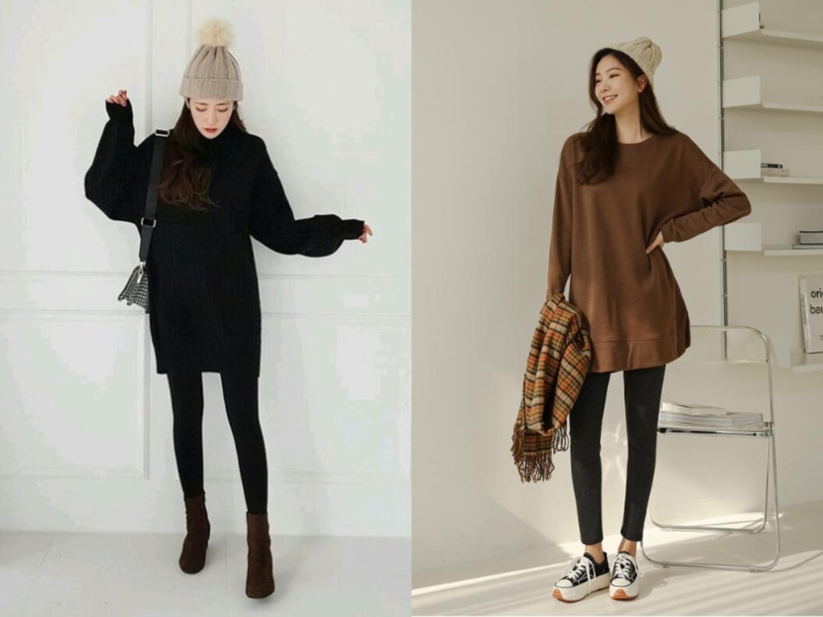 Áo len dáng dài, bao gồm cả sweater và cardigan là sự kết hợp tuyệt vời với quần legging