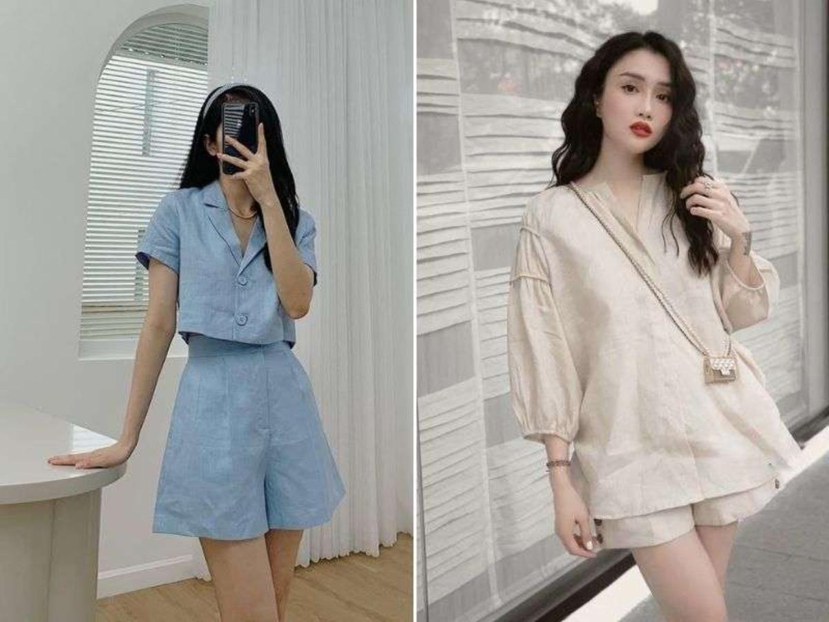 Áo sơ mi vải linen phối cùng quần short đồng màu mang đến vẻ ngoài tinh tế