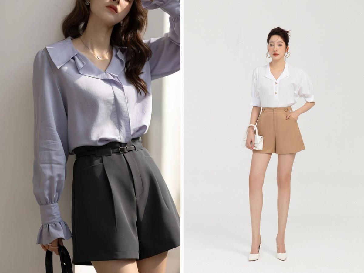 Áo sơ mi tay phồng và quần short vải tạo nên vẻ tiểu thư, sang chảnh