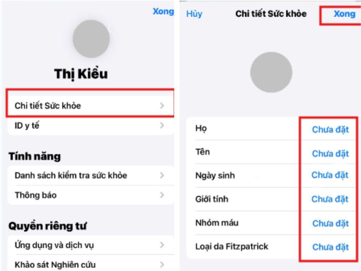 Hướng dẫn Chọn Hồ sơ sức khỏe, Nhập hoặc kiểm tra, cập nhật và  Nhấn Nhấn Xong