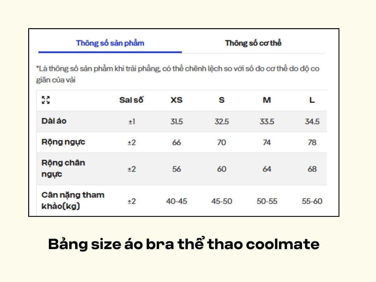 Bảng size áo bra thể thao coolmate