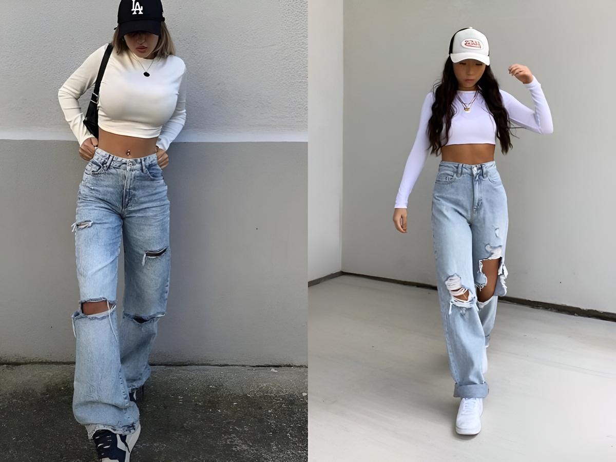 Áo giữ nhiệt cùng quần jeans rách trẻ trung