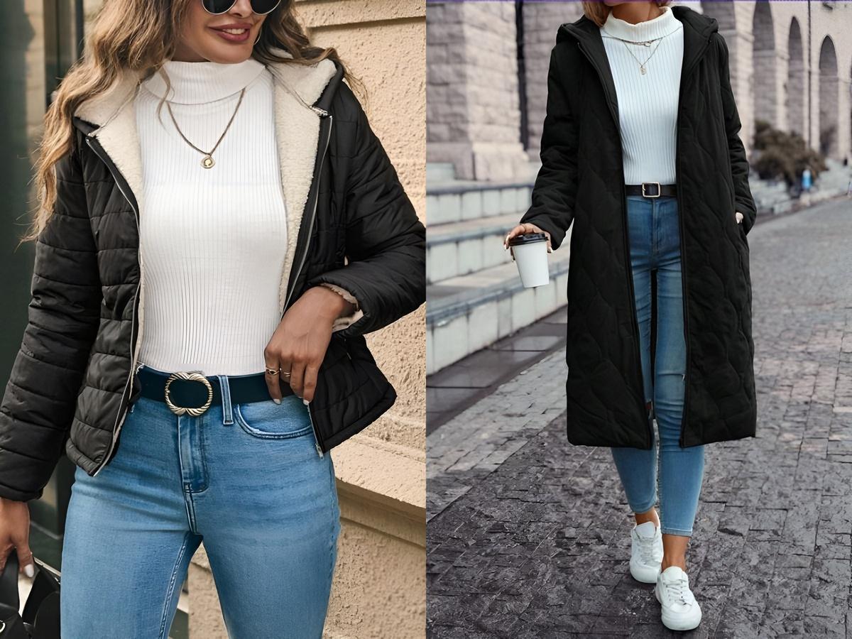 Áo giữ nhiệt cổ lọ phối cùng quần jeans xanh đậm tinh tế
