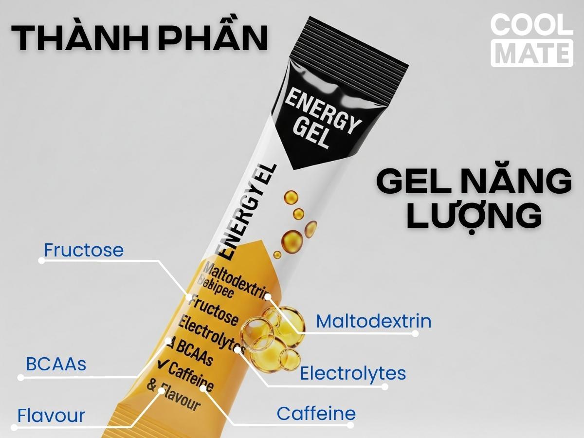 Thành phần gel năng lượng gồm carb, chất điện giải, BCAA, caffeine và hương vị giúp duy trì sức bền khi chạy bộ